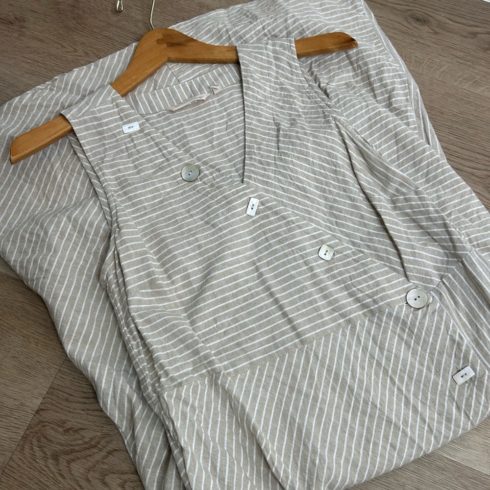 Soft Surroundings Hemp Cotton Neutral Striped Button Down Tank Midi Dress